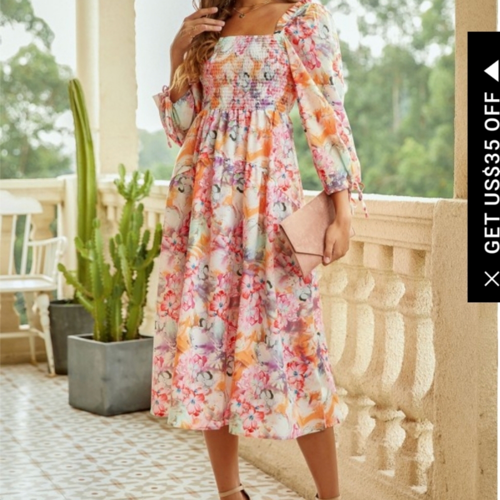 Square Neck Long Sleeve Mixed Floral Smocked Midi Dress